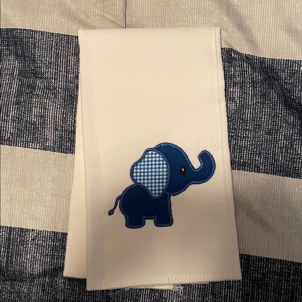 White Baby Burp Cloth with Blue Elephant Design